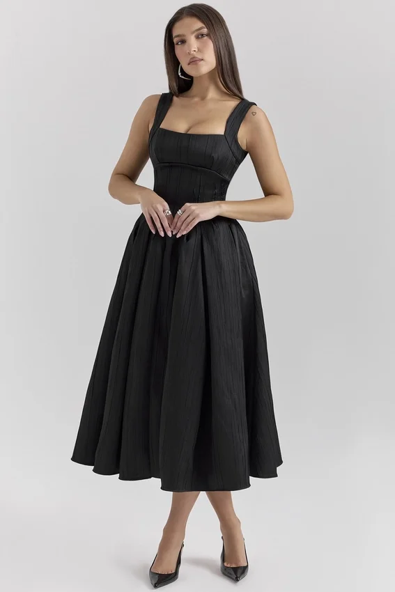 Isabeau Black Textured Satin Corset Midi Dress Isabeau Black Textured Satin Corset Midi Dress