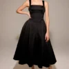 Isabeau Black Textured Satin Corset Midi Dress Isabeau Black Textured Satin Corset Midi Dress