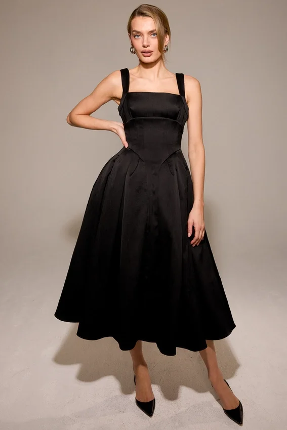 Isabeau Black Textured Satin Corset Midi Dress Isabeau Black Textured Satin Corset Midi Dress
