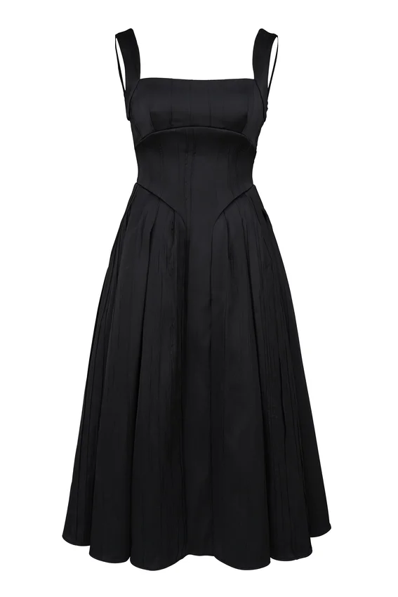 Isabeau Black Textured Satin Corset Midi Dress Isabeau Black Textured Satin Corset Midi Dress