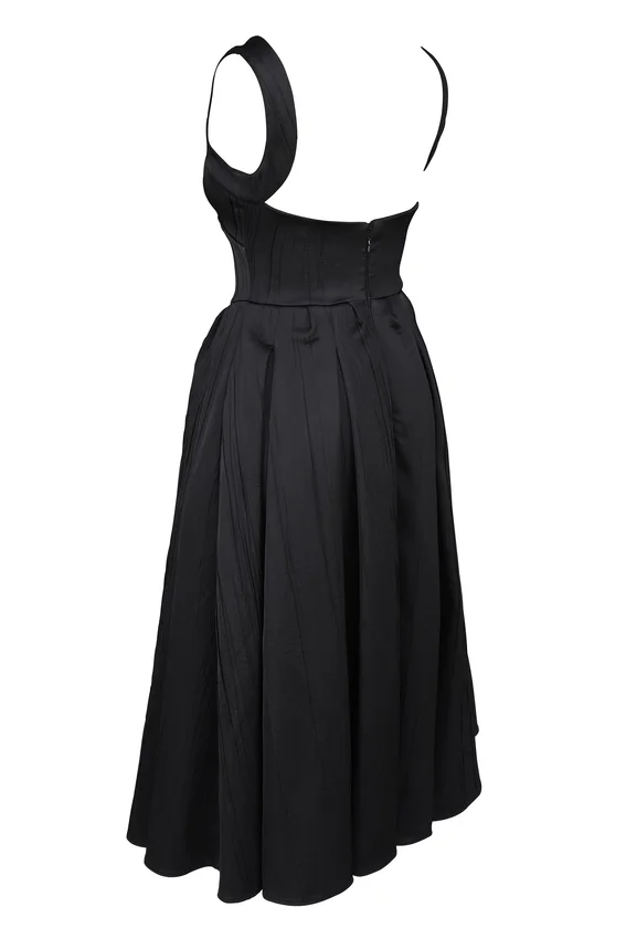 Isabeau Black Textured Satin Corset Midi Dress Isabeau Black Textured Satin Corset Midi Dress