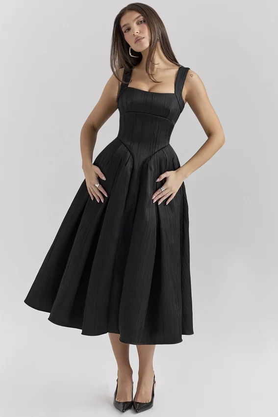 Isabeau Black Textured Satin Corset Midi Dress Isabeau Black Textured Satin Corset Midi Dress