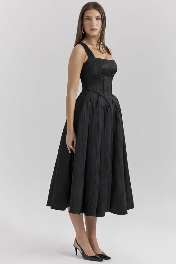 Isabeau Black Textured Satin Corset Midi Dress Isabeau Black Textured Satin Corset Midi Dress