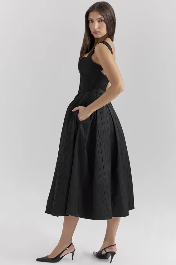 Isabeau Black Textured Satin Corset Midi Dress Isabeau Black Textured Satin Corset Midi Dress