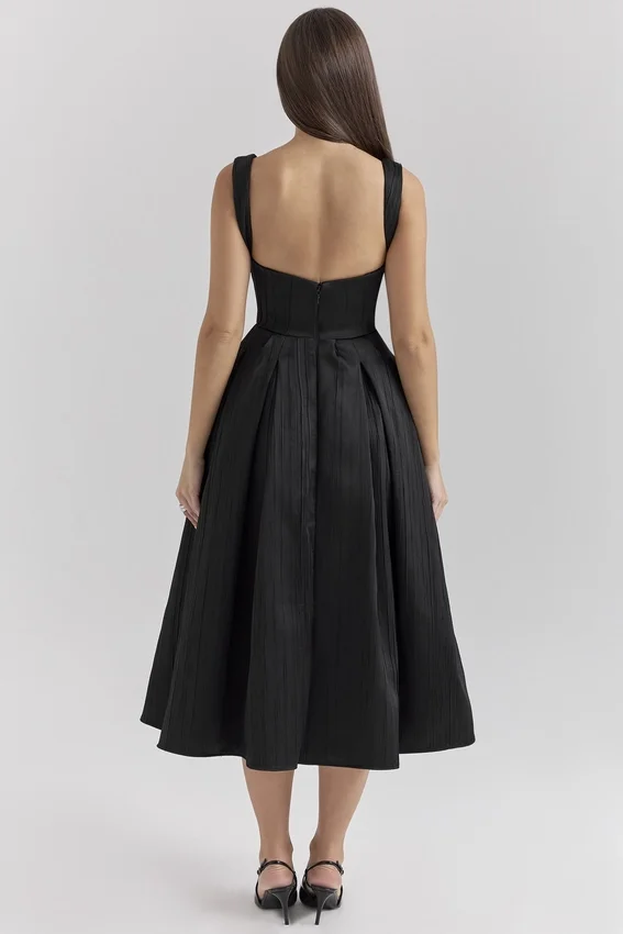 Isabeau Black Textured Satin Corset Midi Dress Isabeau Black Textured Satin Corset Midi Dress