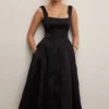 Isabeau Black Textured Satin Corset Midi Dress Isabeau Black Textured Satin Corset Midi Dress