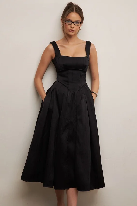 Isabeau Black Textured Satin Corset Midi Dress Isabeau Black Textured Satin Corset Midi Dress