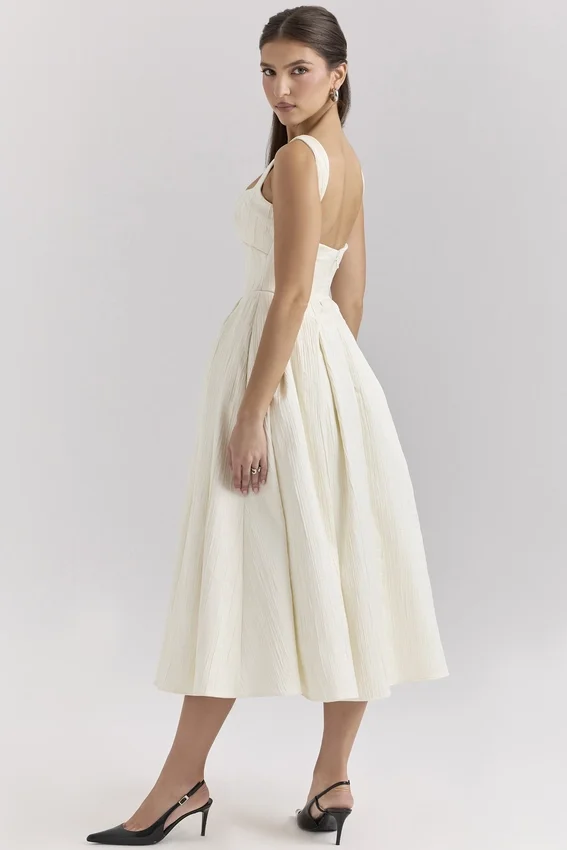Isabeau Ivory Textured Satin Corset Midi Dress Isabeau Ivory Textured Satin Corset Midi Dress