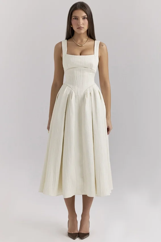 Isabeau Ivory Textured Satin Corset Midi Dress Isabeau Ivory Textured Satin Corset Midi Dress