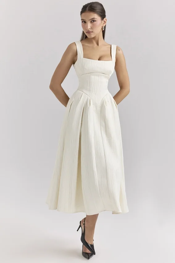 Isabeau Ivory Textured Satin Corset Midi Dress Isabeau Ivory Textured Satin Corset Midi Dress