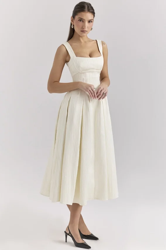 Isabeau Ivory Textured Satin Corset Midi Dress Isabeau Ivory Textured Satin Corset Midi Dress