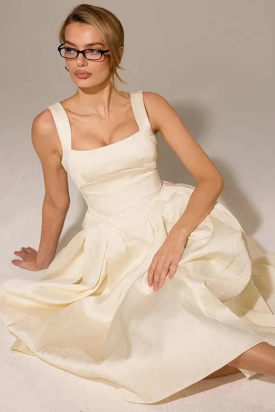 Isabeau Ivory Textured Satin Corset Midi Dress Isabeau Ivory Textured Satin Corset Midi Dress