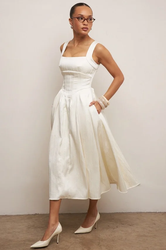 Isabeau Ivory Textured Satin Corset Midi Dress Isabeau Ivory Textured Satin Corset Midi Dress