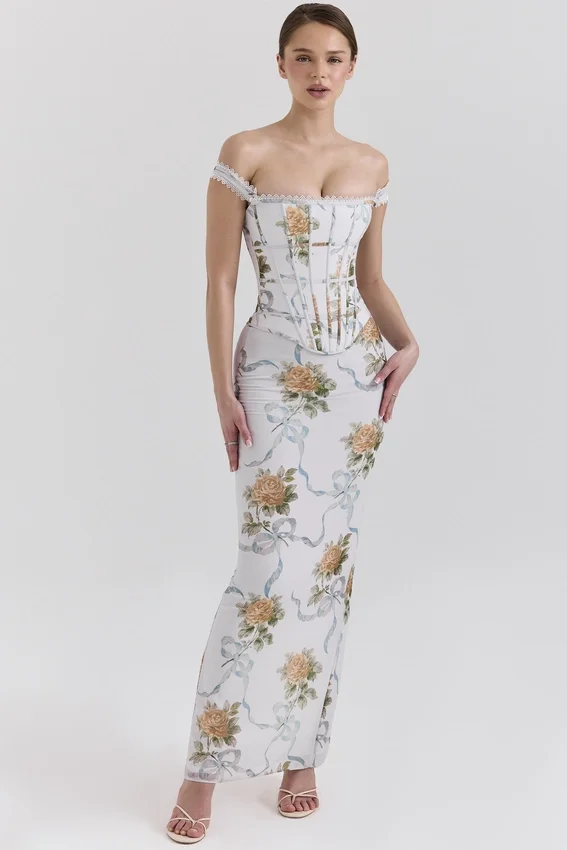 Isis Soft Blue Vintage Print Corset Maxi Dress Isis Soft Blue Vintage Print Corset Maxi Dress