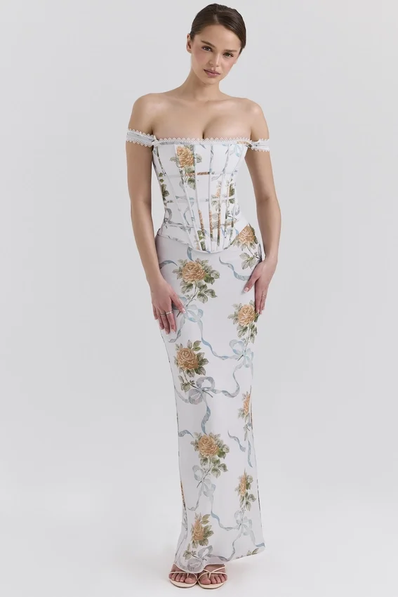 Isis Soft Blue Vintage Print Corset Maxi Dress Isis Soft Blue Vintage Print Corset Maxi Dress