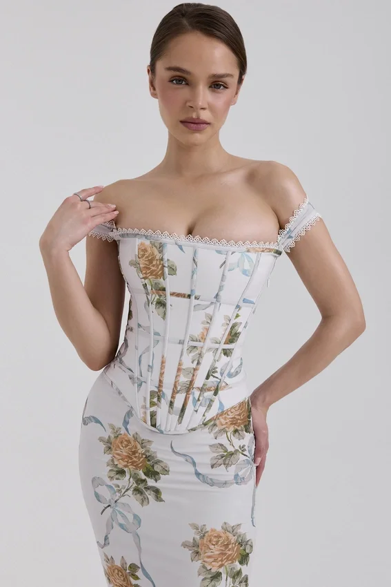 Isis Soft Blue Vintage Print Corset Maxi Dress Isis Soft Blue Vintage Print Corset Maxi Dress
