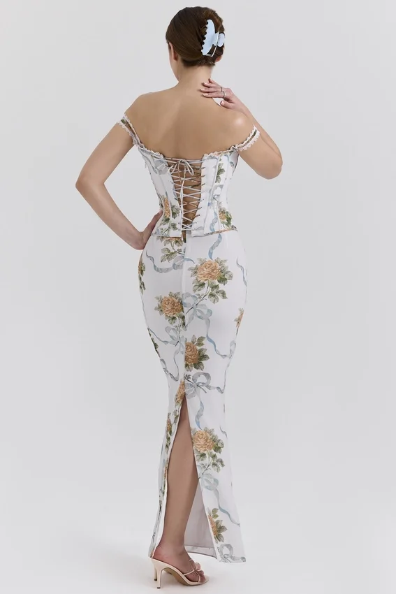 Isis Soft Blue Vintage Print Corset Maxi Dress Isis Soft Blue Vintage Print Corset Maxi Dress