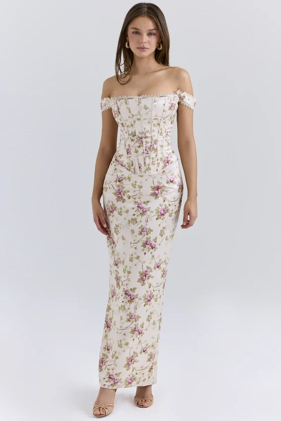 Isis Vintage Cream Floral Print Corset Maxi Dress Isis Vintage Cream Floral Print Corset Maxi Dress