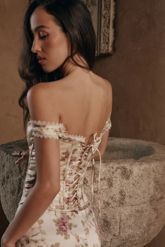 Isis Vintage Cream Floral Print Corset Maxi Dress Isis Vintage Cream Floral Print Corset Maxi Dress