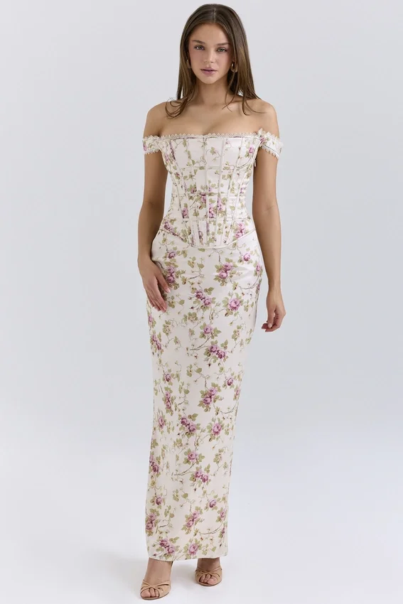 Isis Vintage Cream Floral Print Corset Maxi Dress Isis Vintage Cream Floral Print Corset Maxi Dress