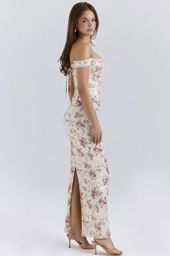 Isis Vintage Cream Floral Print Corset Maxi Dress Isis Vintage Cream Floral Print Corset Maxi Dress