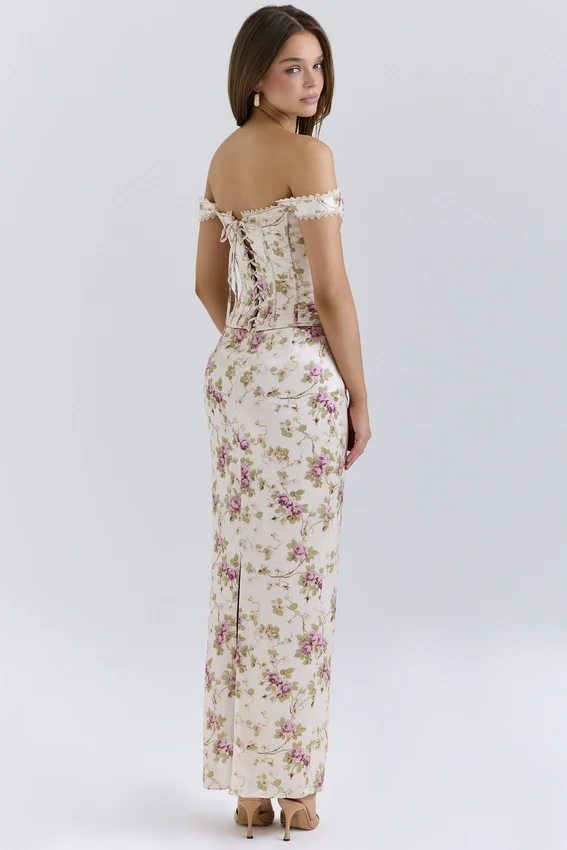 Isis Vintage Cream Floral Print Corset Maxi Dress Isis Vintage Cream Floral Print Corset Maxi Dress