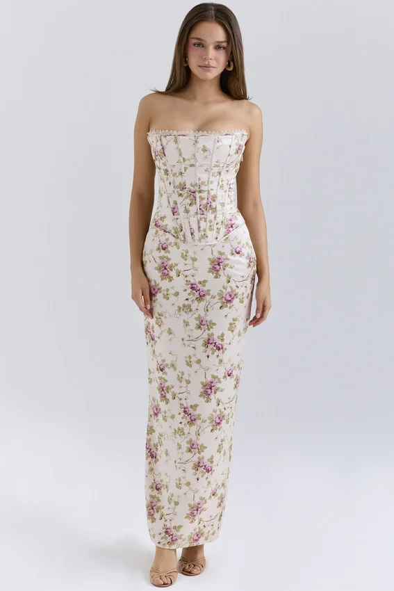 Isis Vintage Cream Floral Print Corset Maxi Dress Isis Vintage Cream Floral Print Corset Maxi Dress