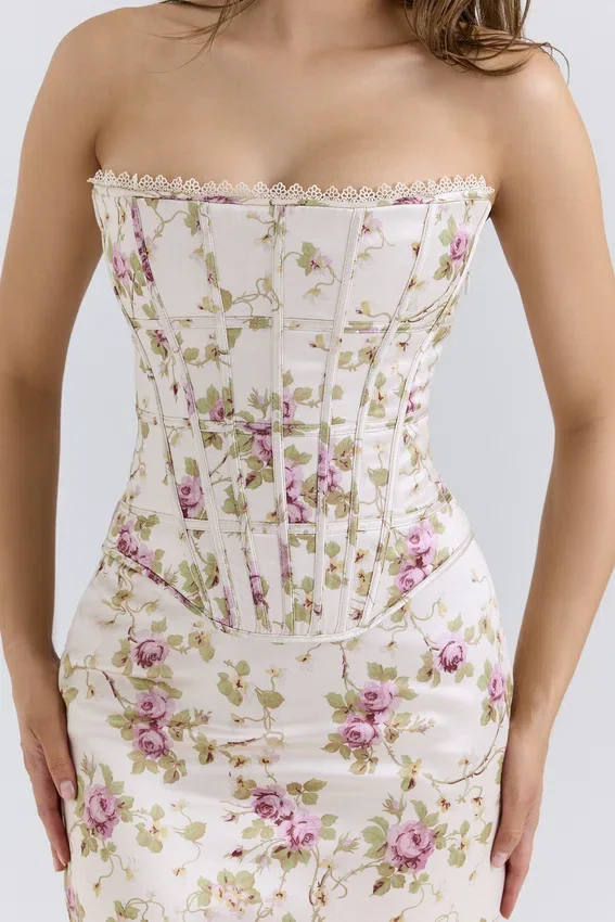 Isis Vintage Cream Floral Print Corset Maxi Dress Isis Vintage Cream Floral Print Corset Maxi Dress