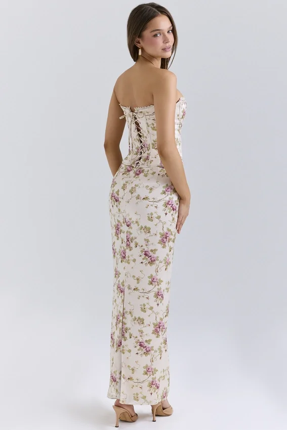 Isis Vintage Cream Floral Print Corset Maxi Dress Isis Vintage Cream Floral Print Corset Maxi Dress