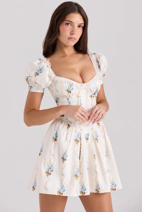 Issa Cream Floral Print Cotton Mini Dress Issa Cream Floral Print Cotton Mini Dress