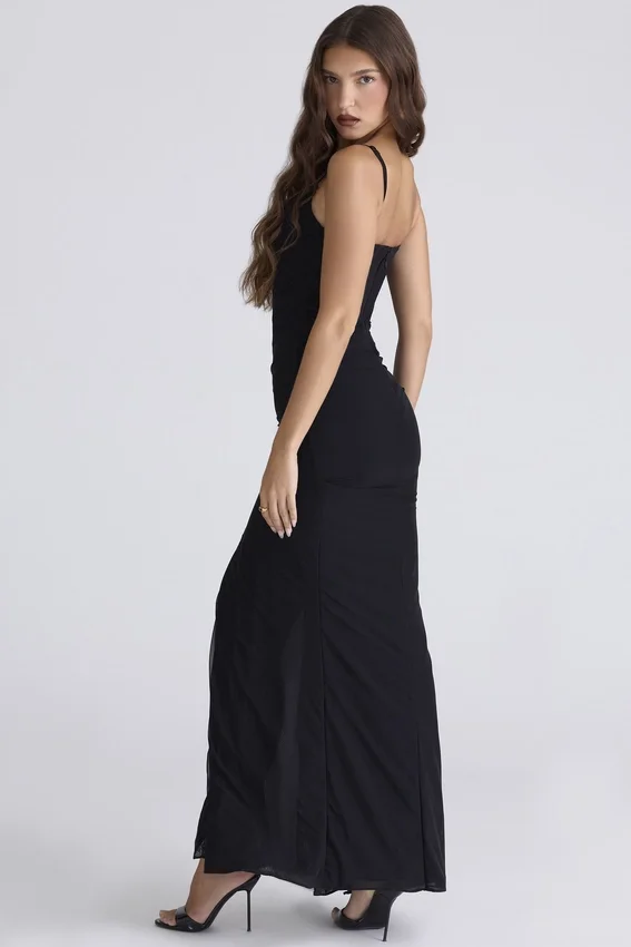 Issey Black Stretch Mesh Draped Maxi Dress Issey Black Stretch Mesh Draped Maxi Dress