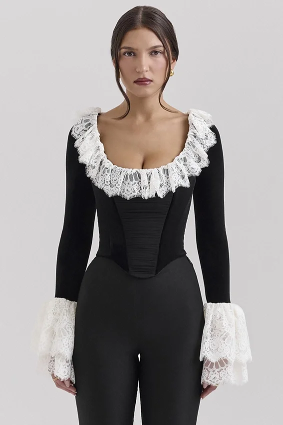 Jacinda Black Velvet Lace Trimmed Corset Top Jacinda Black Velvet Lace Trimmed Corset Top