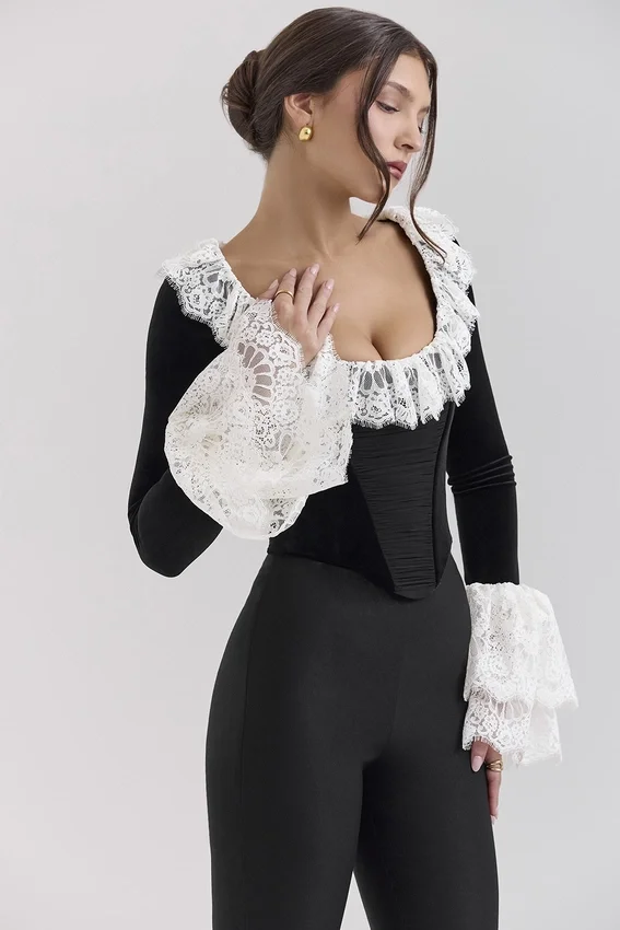 Jacinda Black Velvet Lace Trimmed Corset Top Jacinda Black Velvet Lace Trimmed Corset Top