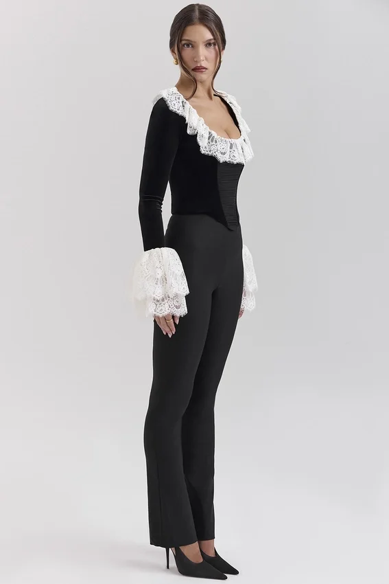 Jacinda Black Velvet Lace Trimmed Corset Top Jacinda Black Velvet Lace Trimmed Corset Top