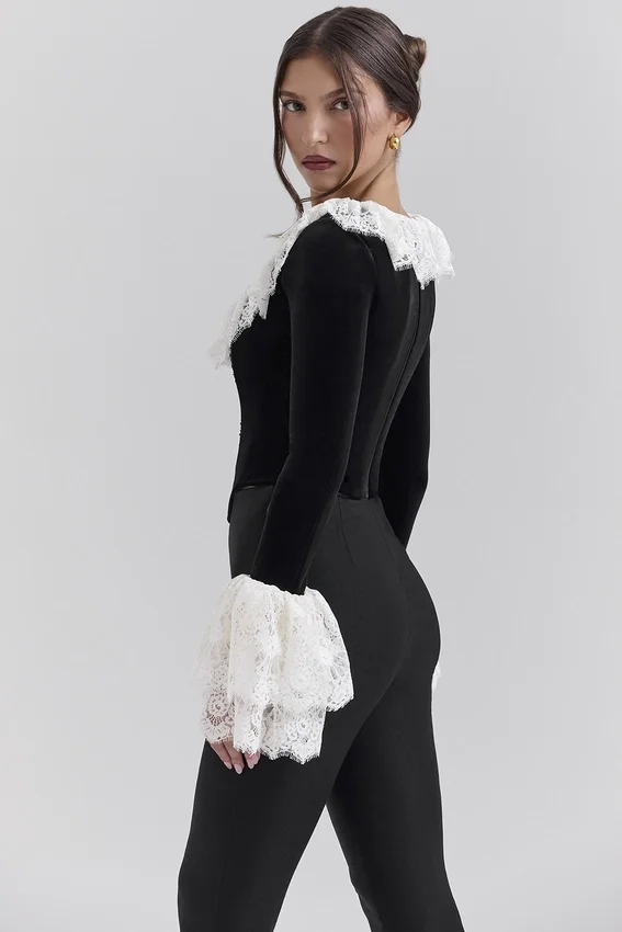 Jacinda Black Velvet Lace Trimmed Corset Top Jacinda Black Velvet Lace Trimmed Corset Top