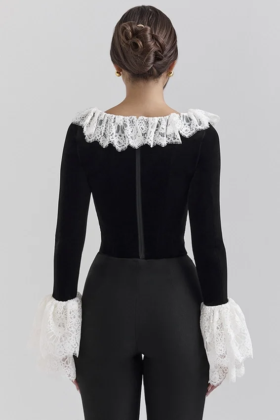 Jacinda Black Velvet Lace Trimmed Corset Top Jacinda Black Velvet Lace Trimmed Corset Top