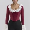 Jacinda Cabernet Velvet Lace Trimmed Corset Top Jacinda Cabernet Velvet Lace Trimmed Corset Top