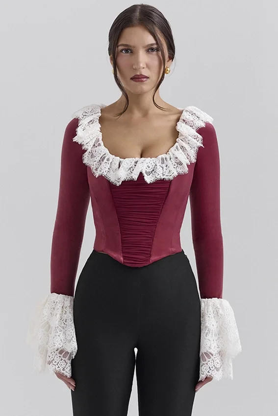 Jacinda Cabernet Velvet Lace Trimmed Corset Top Jacinda Cabernet Velvet Lace Trimmed Corset Top