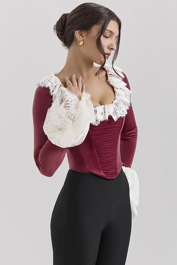 Jacinda Cabernet Velvet Lace Trimmed Corset Top Jacinda Cabernet Velvet Lace Trimmed Corset Top
