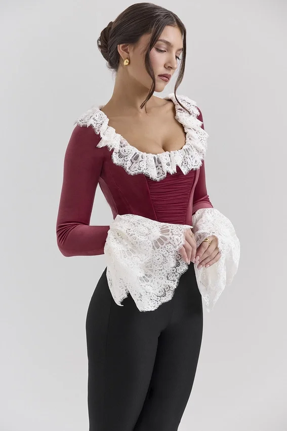 Jacinda Cabernet Velvet Lace Trimmed Corset Top Jacinda Cabernet Velvet Lace Trimmed Corset Top