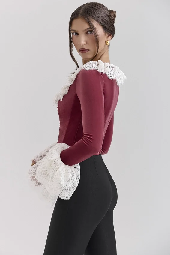 Jacinda Cabernet Velvet Lace Trimmed Corset Top Jacinda Cabernet Velvet Lace Trimmed Corset Top