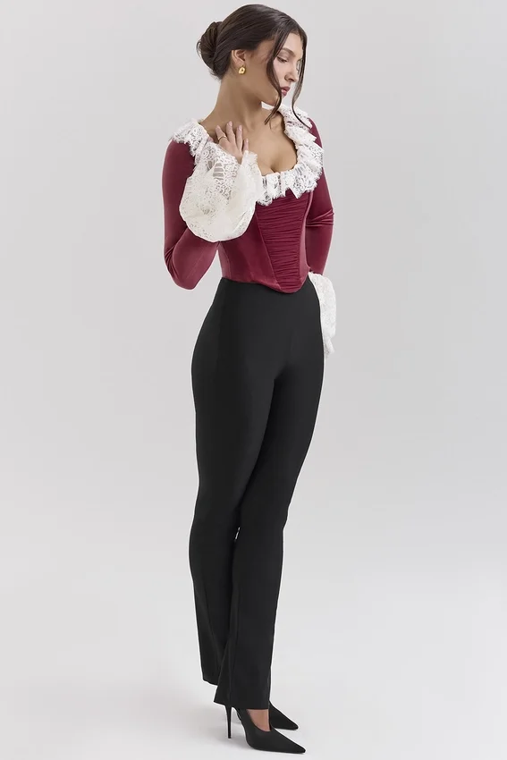 Jacinda Cabernet Velvet Lace Trimmed Corset Top Jacinda Cabernet Velvet Lace Trimmed Corset Top