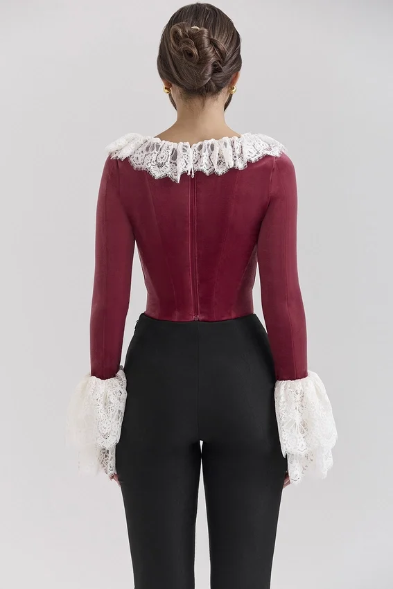Jacinda Cabernet Velvet Lace Trimmed Corset Top Jacinda Cabernet Velvet Lace Trimmed Corset Top