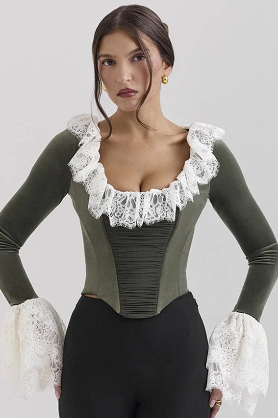 Jacinda Forest Green Velvet Lace Trimmed Corset Top Jacinda Forest Green Velvet Lace Trimmed Corset Top