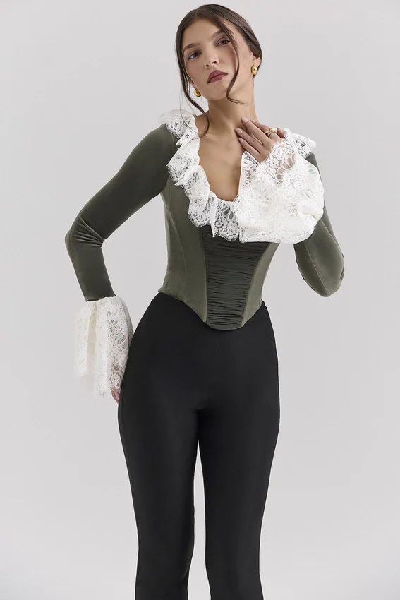 Jacinda Forest Green Velvet Lace Trimmed Corset Top Jacinda Forest Green Velvet Lace Trimmed Corset Top