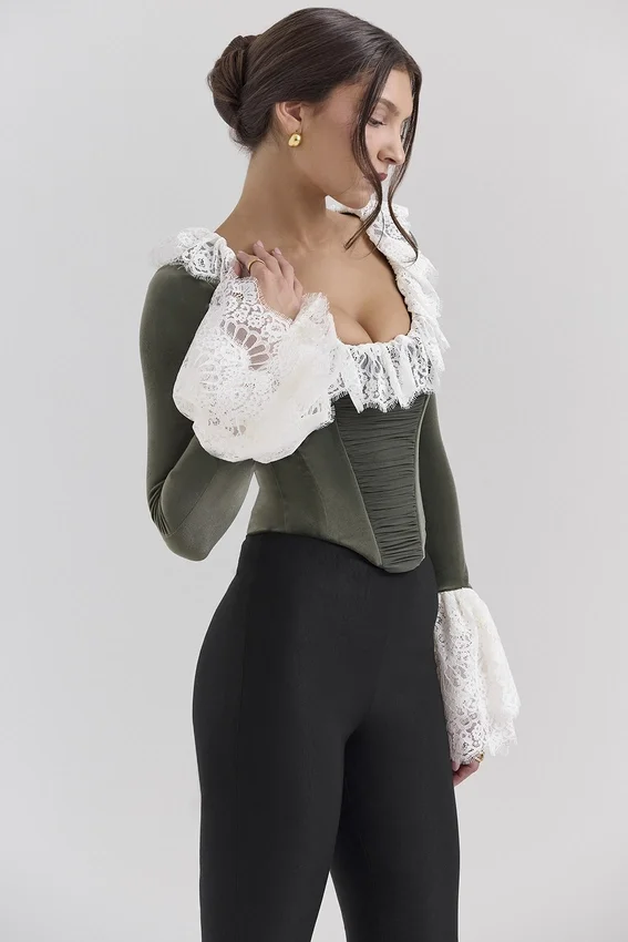 Jacinda Forest Green Velvet Lace Trimmed Corset Top Jacinda Forest Green Velvet Lace Trimmed Corset Top