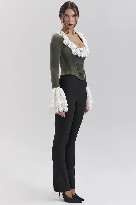 Jacinda Forest Green Velvet Lace Trimmed Corset Top Jacinda Forest Green Velvet Lace Trimmed Corset Top