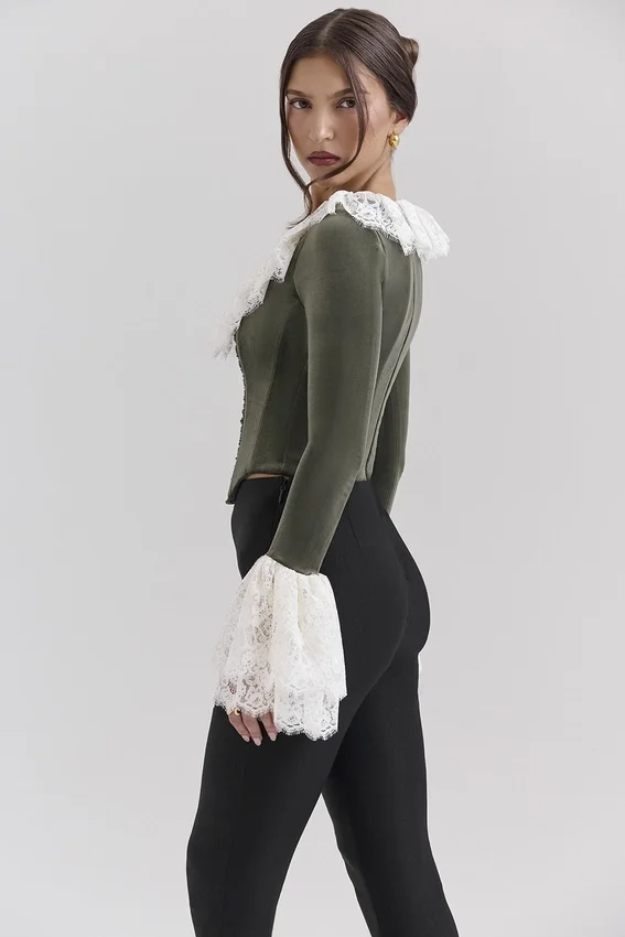 Jacinda Forest Green Velvet Lace Trimmed Corset Top Jacinda Forest Green Velvet Lace Trimmed Corset Top