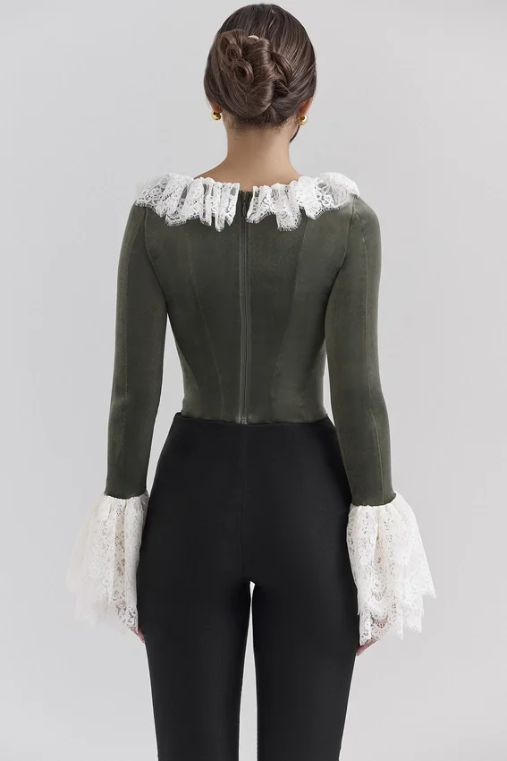Jacinda Forest Green Velvet Lace Trimmed Corset Top Jacinda Forest Green Velvet Lace Trimmed Corset Top