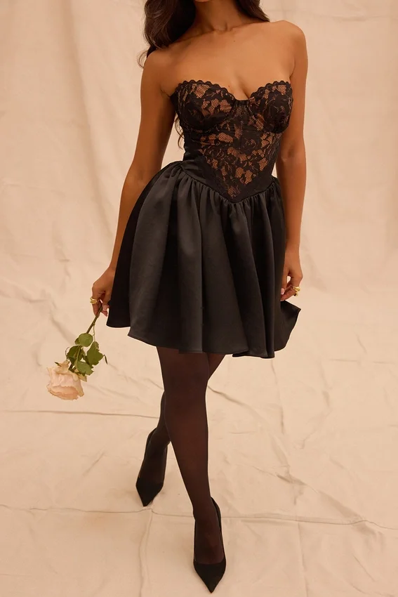 Jadore Black Lace and Satin Strapless Mini Dress Jadore Black Lace and Satin Strapless Mini Dress